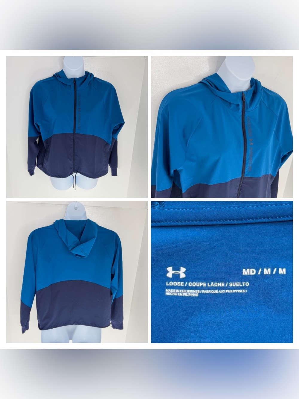 Under Armour Woven FZ Storm Windbreaker Jacket Womens Medium Oversized Fit Blue‎